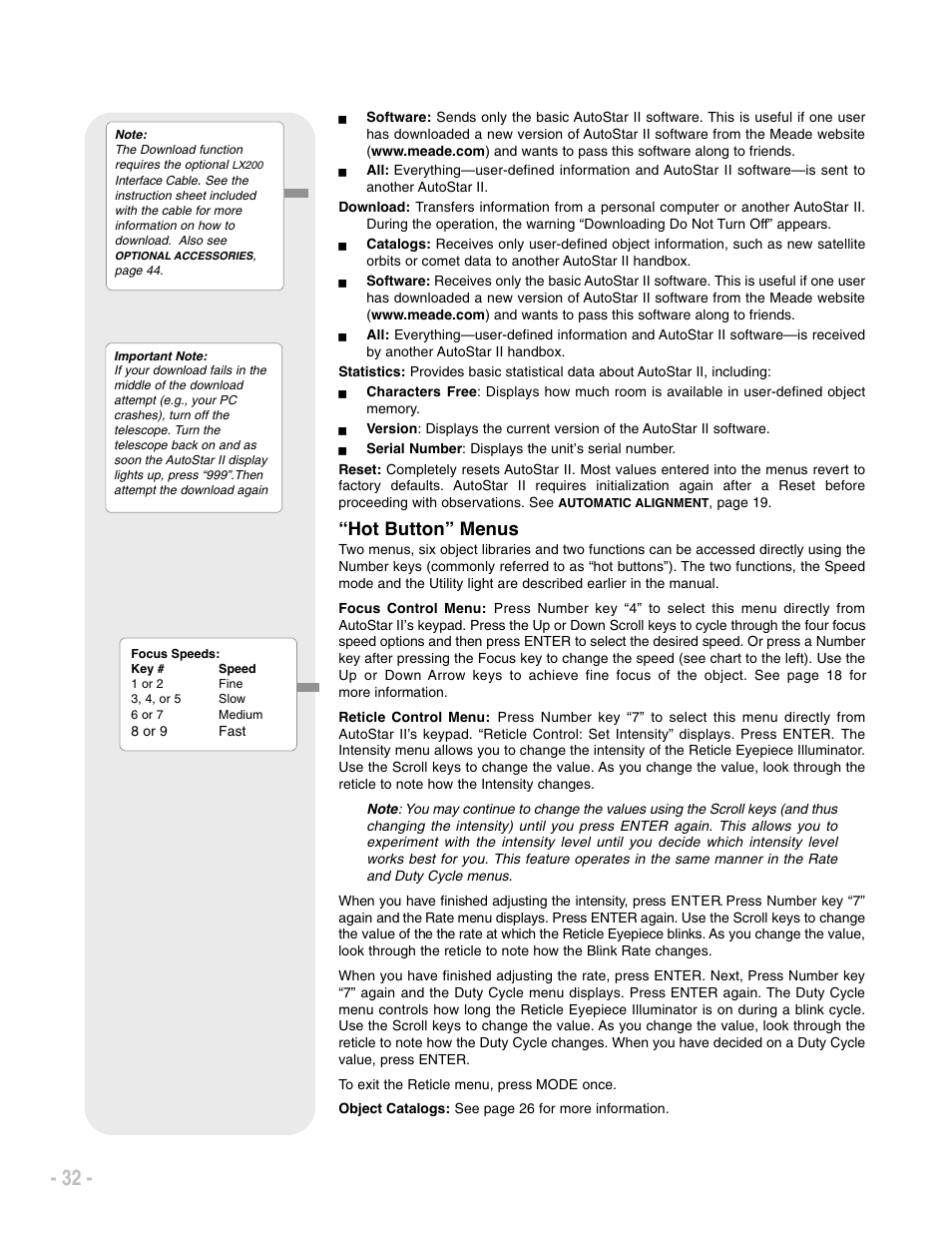 Hot button” menus | Meade Instruments LX200 ACF User Manual | Page 32 / 76