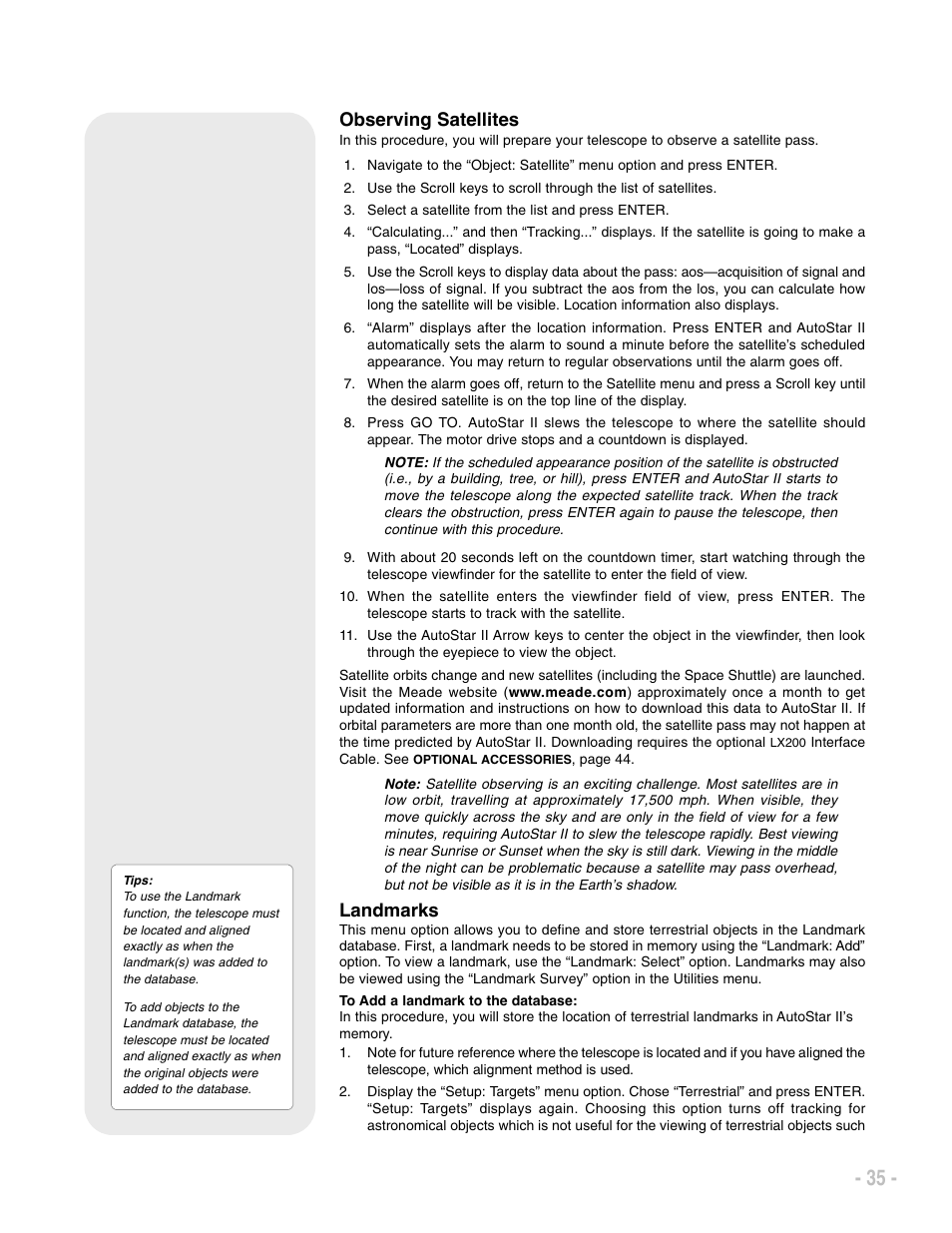 Observing satellites, Landmarks | Meade Instruments LX200 ACF User Manual | Page 35 / 76