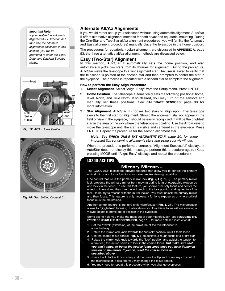 Alternate alt/az alignments, Easy (two-star) alignment, Lx200-acf tips | Meade Instruments LX200 ACF User Manual | Page 38 / 76