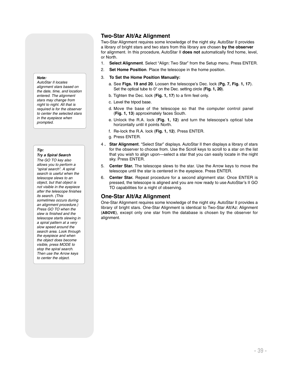 Two-star alt/az alignment, One-star alt/az alignment | Meade Instruments LX200 ACF User Manual | Page 39 / 76