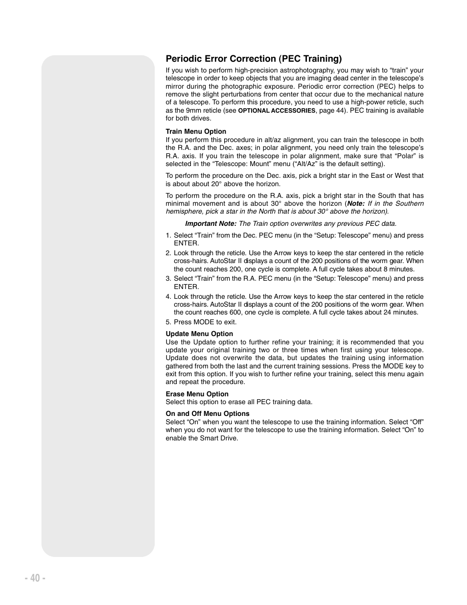 Periodic error correction (pec training) | Meade Instruments LX200 ACF User Manual | Page 40 / 76