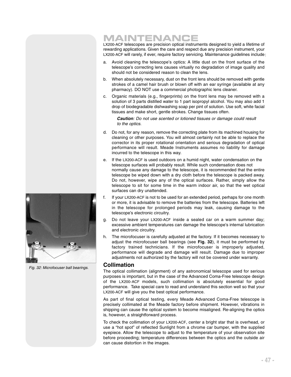 Maintenance, Collimation | Meade Instruments LX200 ACF User Manual | Page 47 / 76