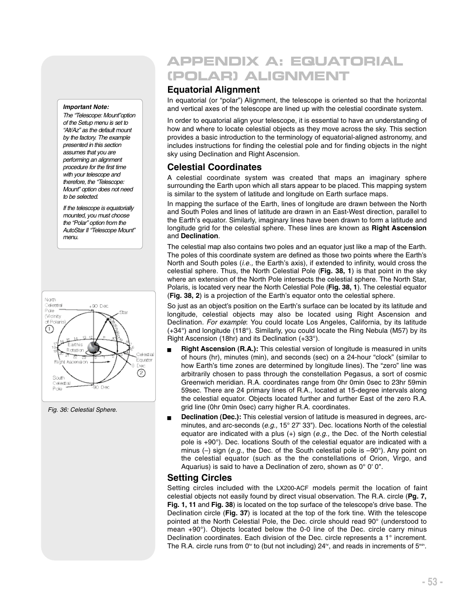Equatorial alignment, Celestial coordinates, Setting circles | Meade Instruments LX200 ACF User Manual | Page 53 / 76