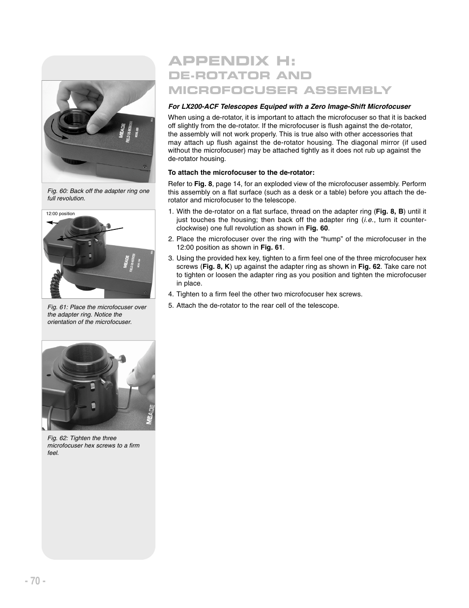 Appendix h, De-rotator and microfocuser assembly | Meade Instruments LX200 ACF User Manual | Page 70 / 76