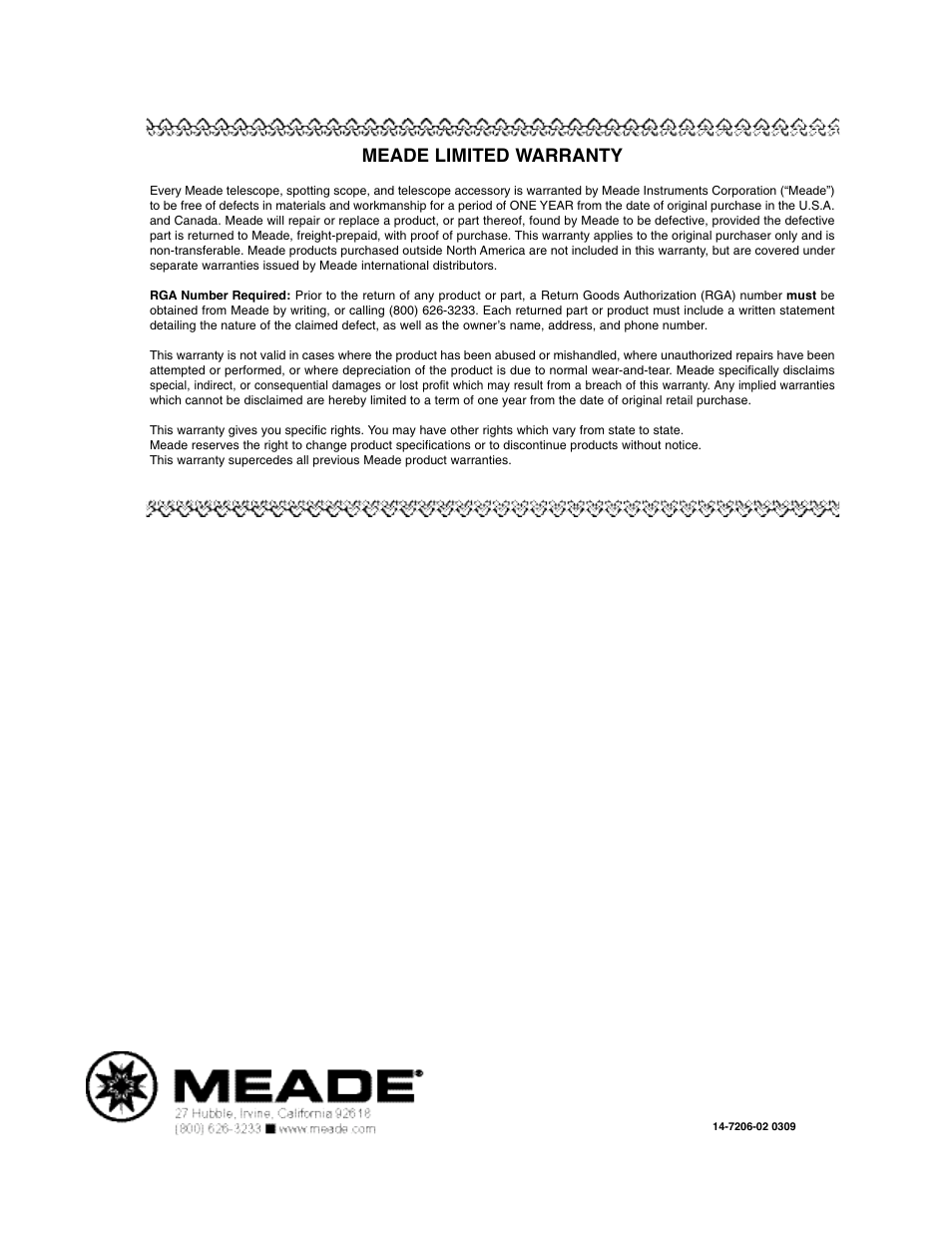 Meade limited warranty | Meade Instruments LX200 ACF User Manual | Page 76 / 76