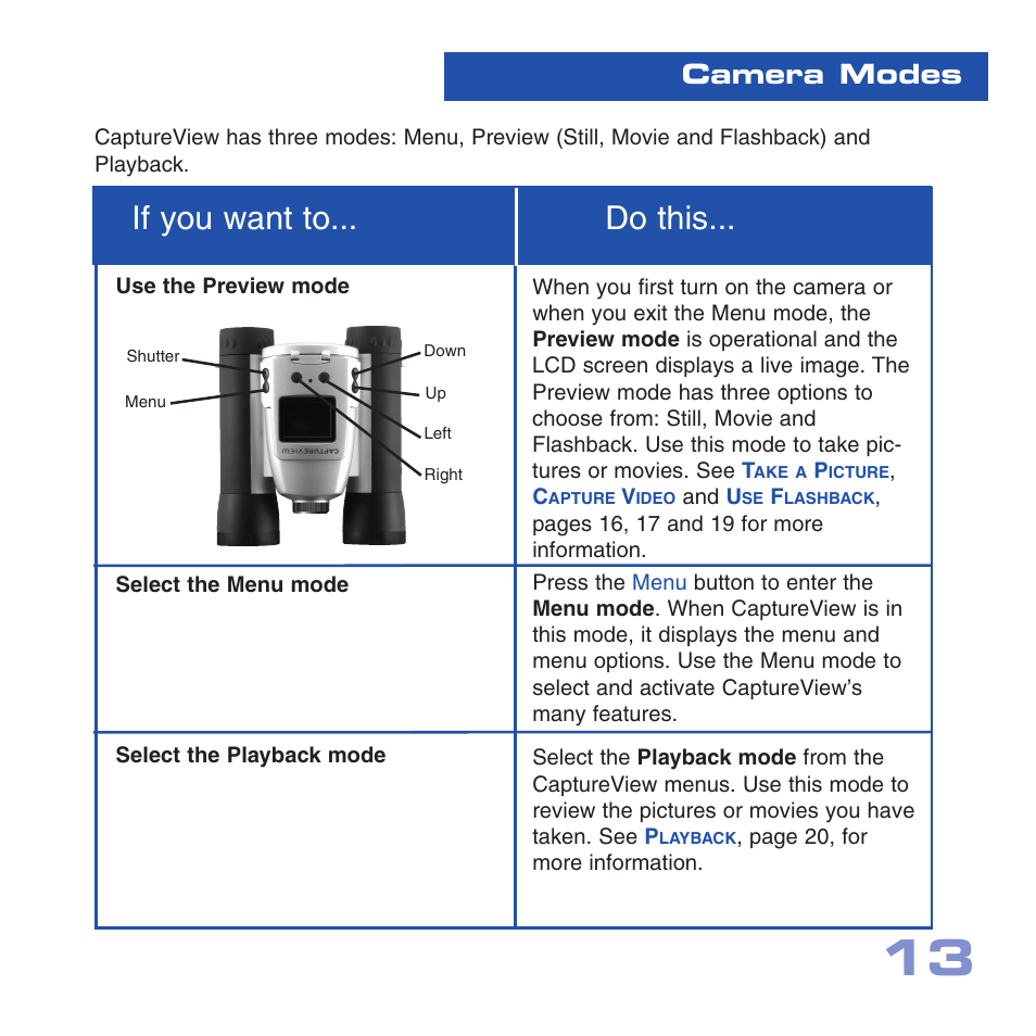 If you want to... do this, Camera modes | Meade Instruments CV-4 8 x 30 User Manual | Page 12 / 34