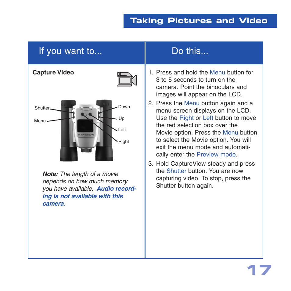 If you want to... do this, Taking pictures and video | Meade Instruments CV-4 8 x 30 User Manual | Page 16 / 34