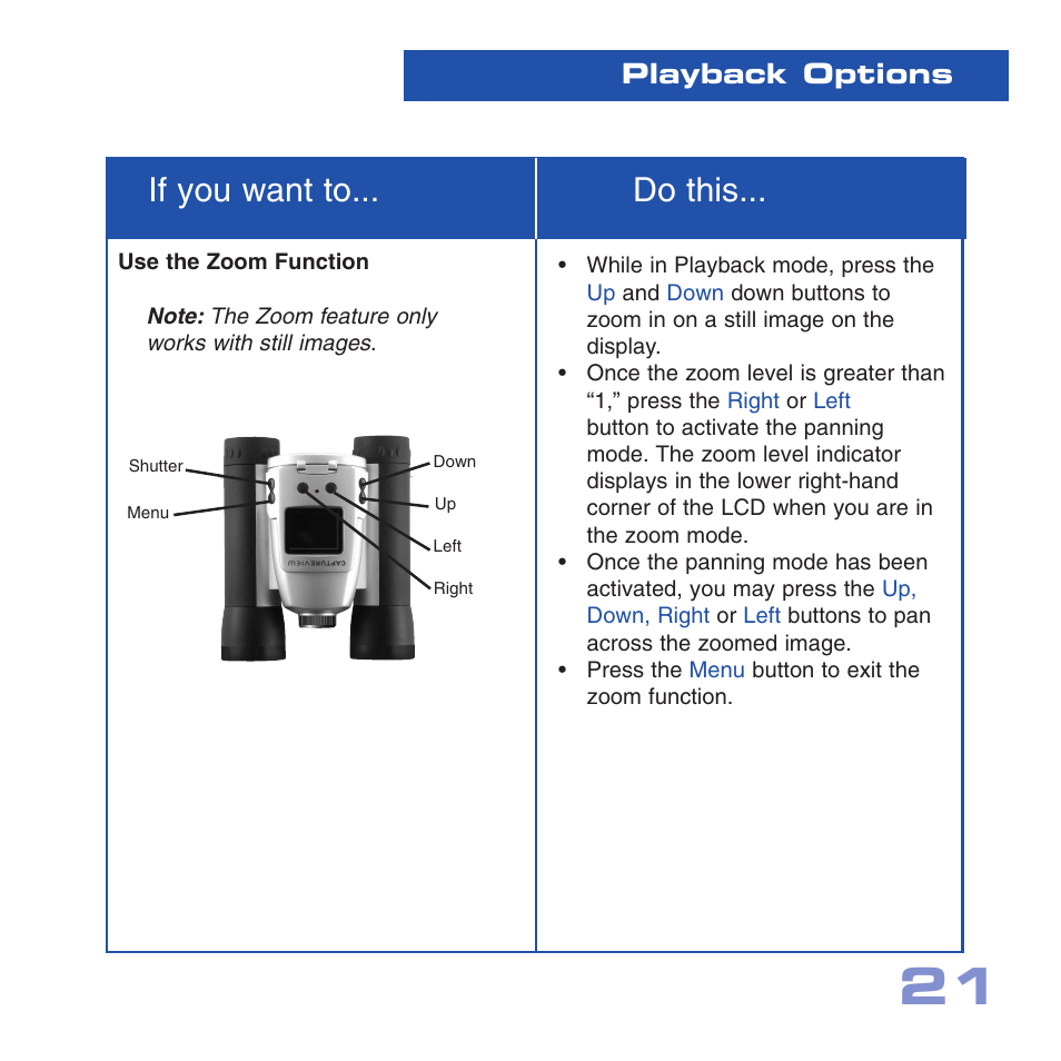 If you want to... do this, Playback options | Meade Instruments CV-4 8 x 30 User Manual | Page 20 / 34
