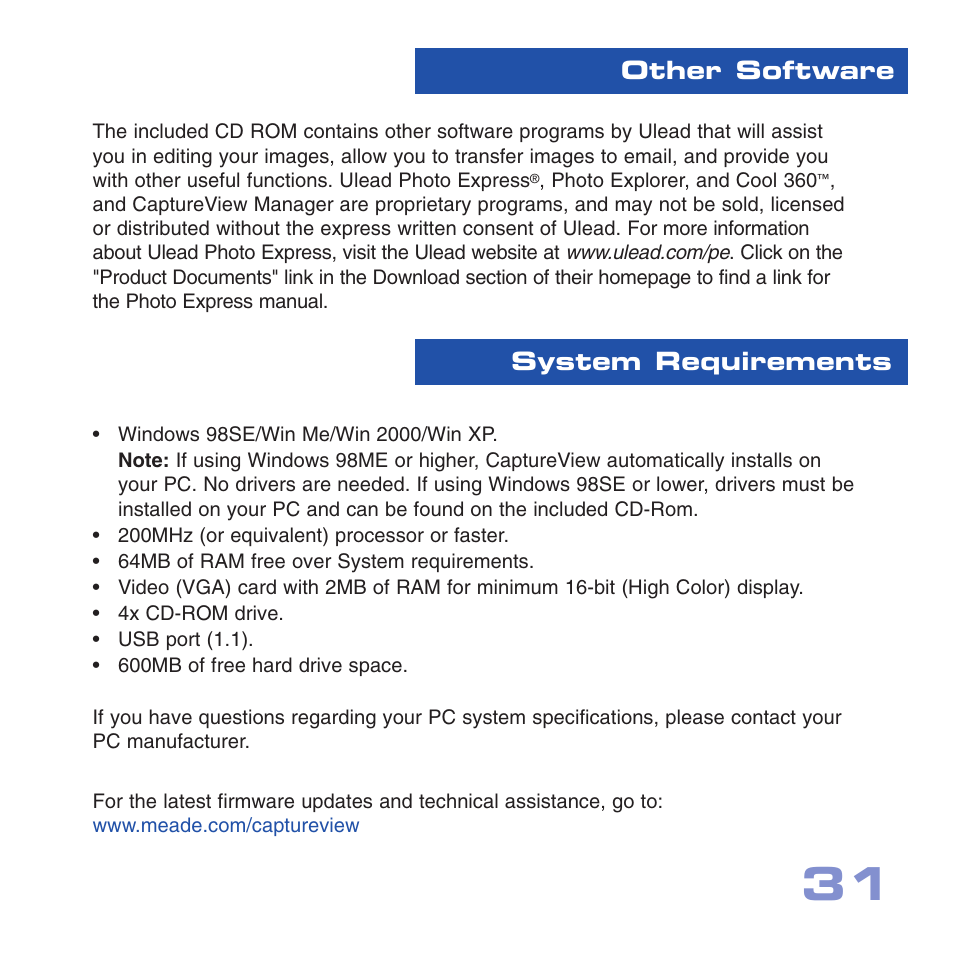 Other software system requirements | Meade Instruments CV-4 8 x 30 User Manual | Page 30 / 34