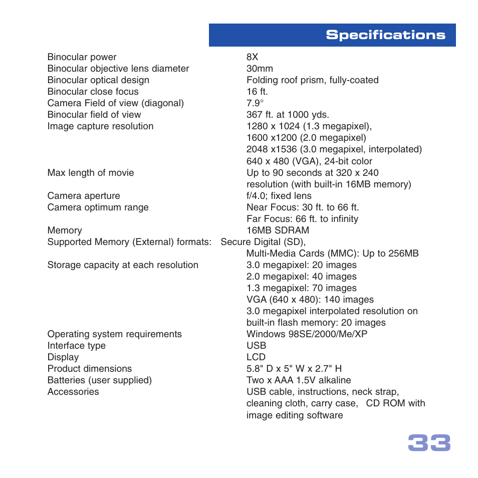 Specifications | Meade Instruments CV-4 8 x 30 User Manual | Page 32 / 34