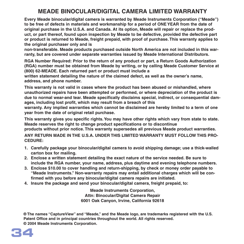 Meade binocular/digital camera limited warranty | Meade Instruments CV-4 8 x 30 User Manual | Page 33 / 34