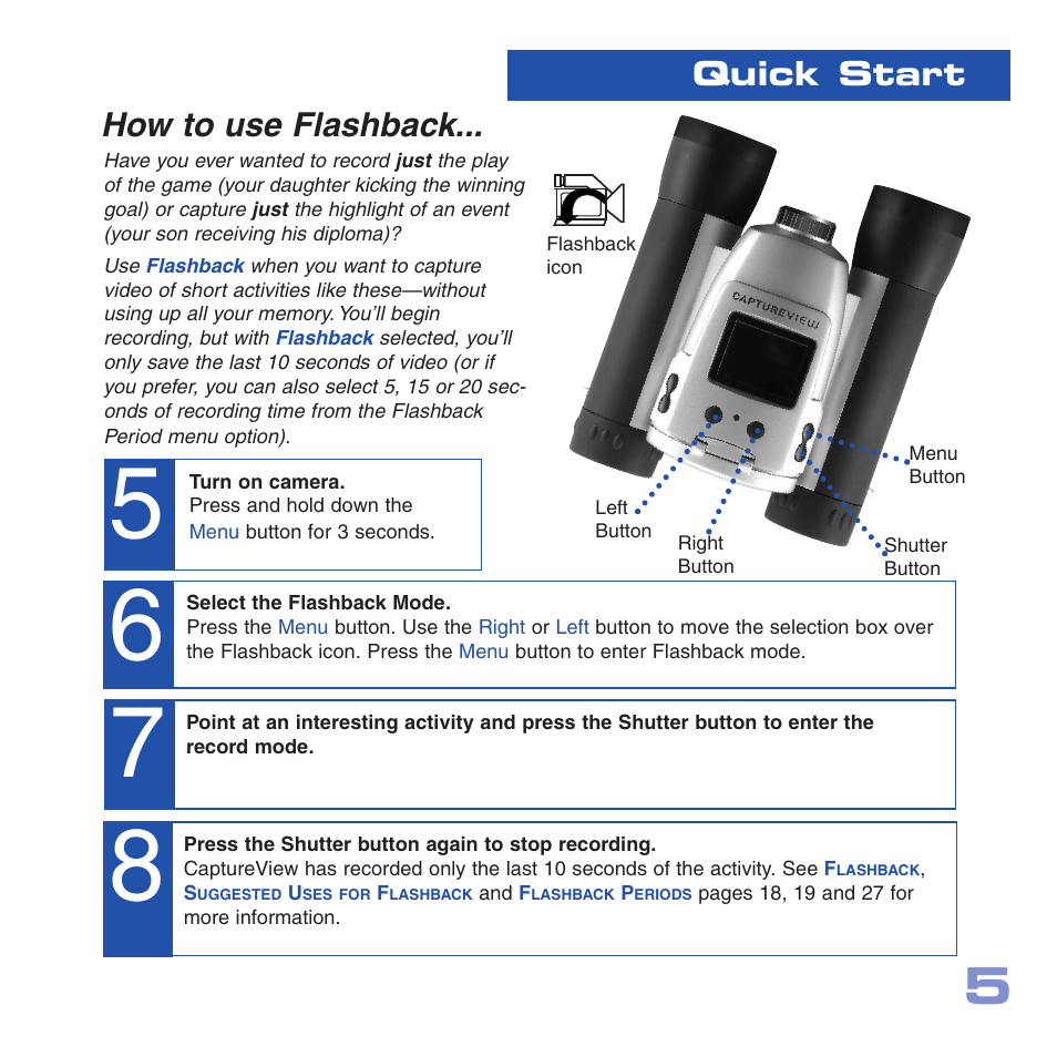 Quick start, How to use flashback | Meade Instruments CV-4 8 x 30 User Manual | Page 4 / 34