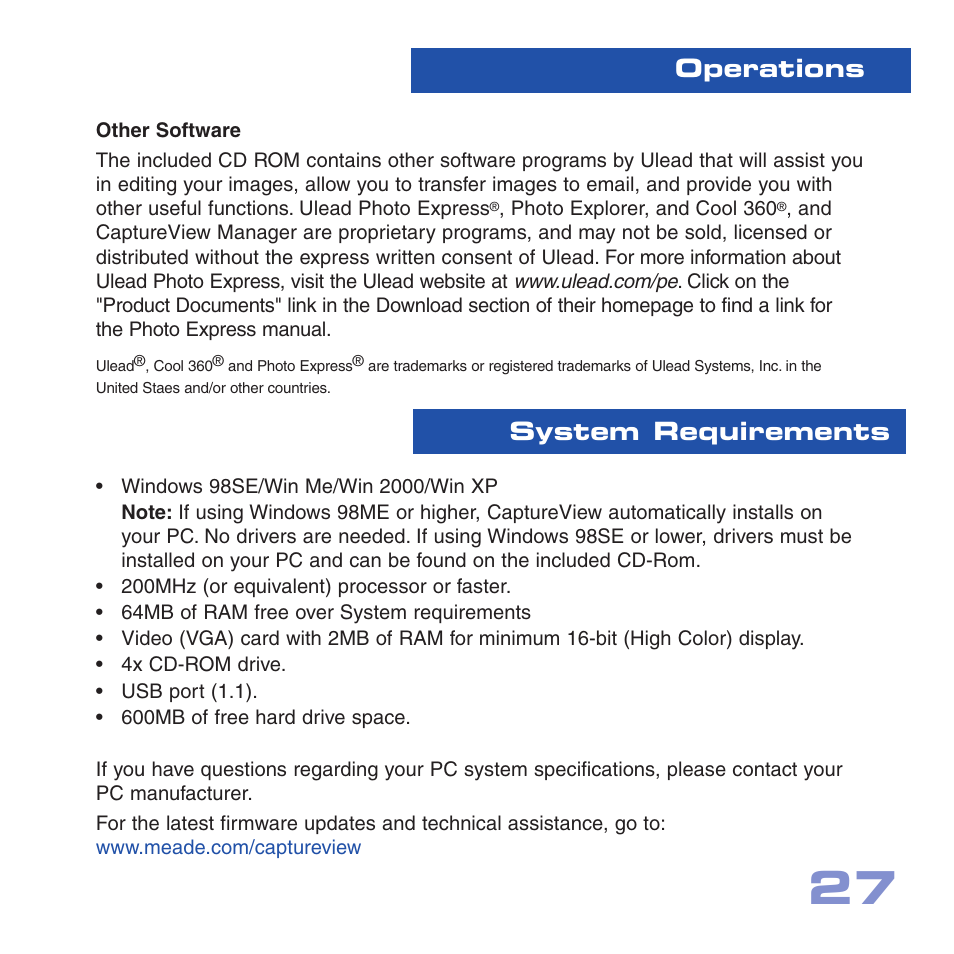 System requirements operations | Meade Instruments CV-2 User Manual | Page 27 / 32