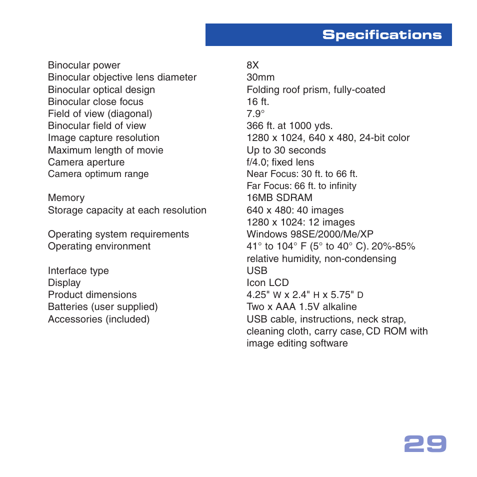 Specifications | Meade Instruments CV-2 User Manual | Page 29 / 32