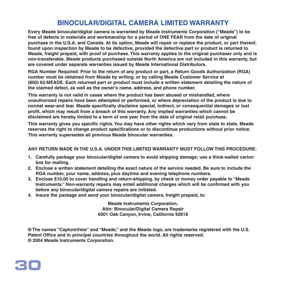 Binocular/digital camera limited warranty | Meade Instruments CV-2 User Manual | Page 30 / 32