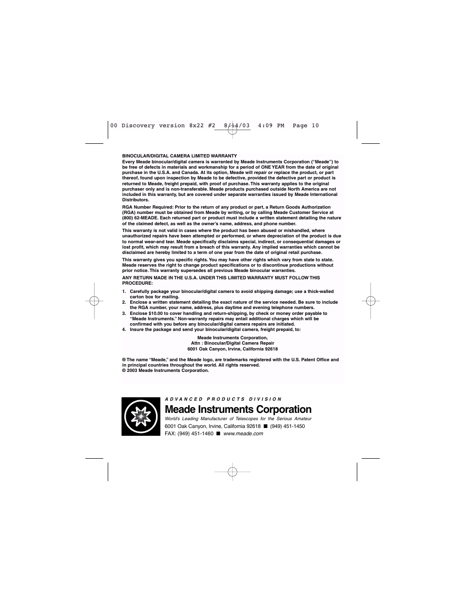 Meade instruments corporation | Meade Instruments Binocular and Digital Camera User Manual | Page 10 / 10