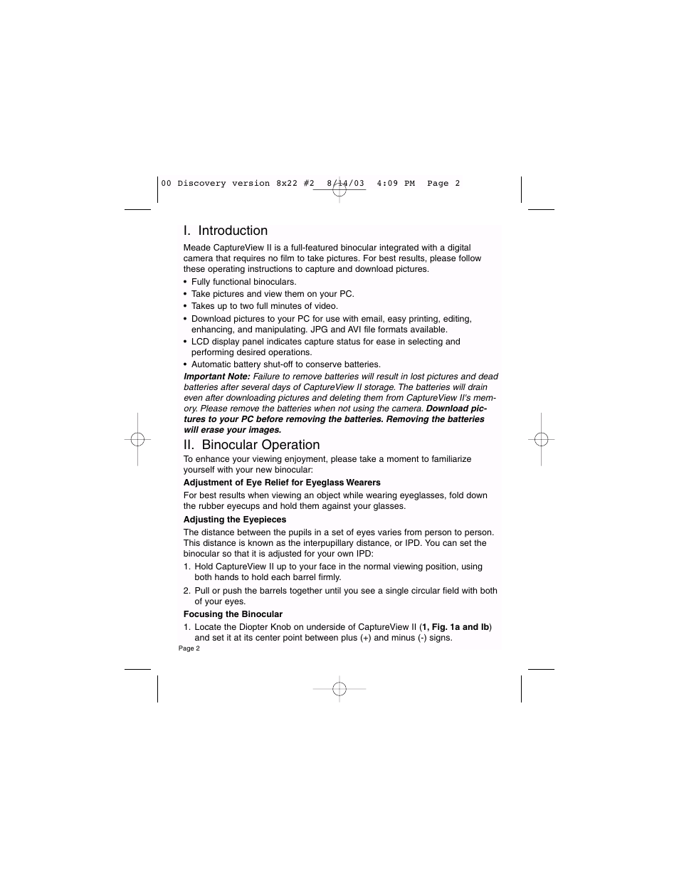 I. introduction, Ii. binocular operation | Meade Instruments Binocular and Digital Camera User Manual | Page 2 / 10