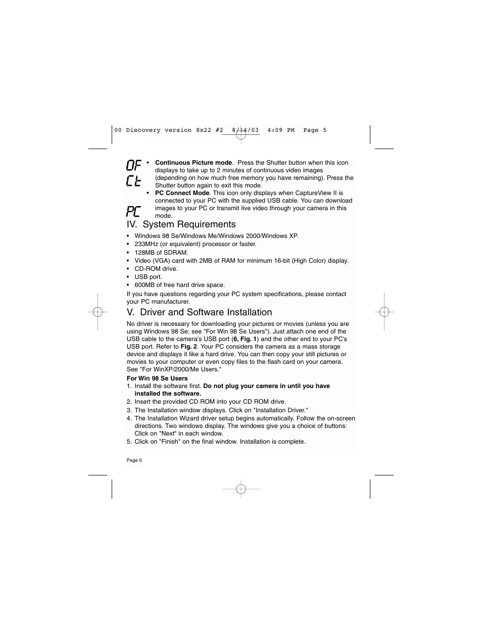 Iv. system requirements, V. driver and software installation | Meade Instruments Binocular and Digital Camera User Manual | Page 5 / 10