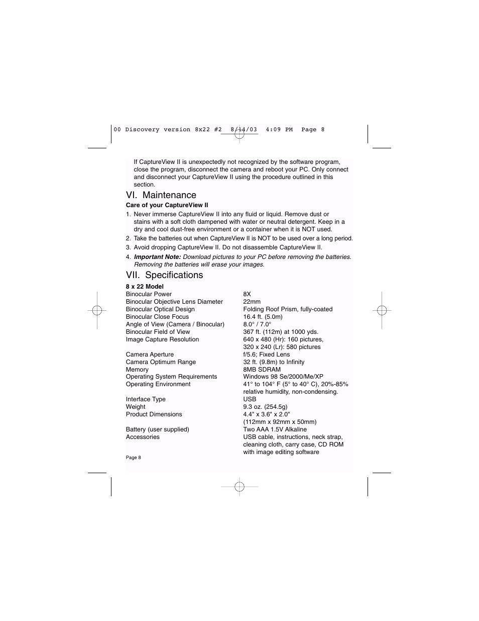 Vi. maintenance, Vii. specifications | Meade Instruments Binocular and Digital Camera User Manual | Page 8 / 10