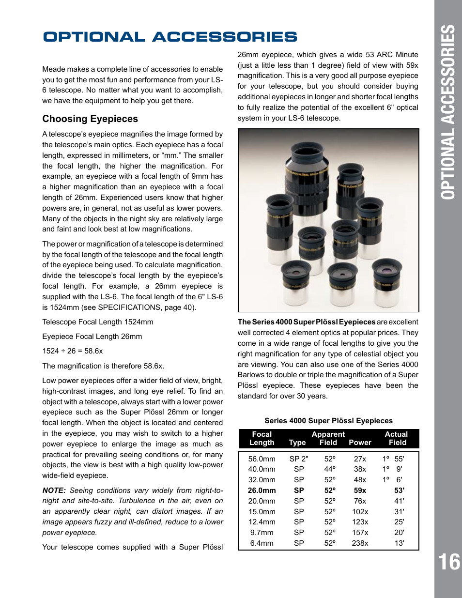 Optional accessories, Choosing eyepieces | Meade Instruments 6" LS-6 ACF User Manual | Page 16 / 45