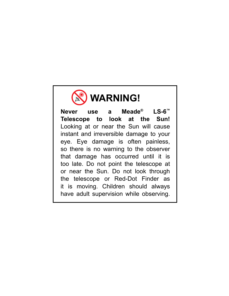 Warning | Meade Instruments 6" LS-6 ACF User Manual | Page 2 / 45