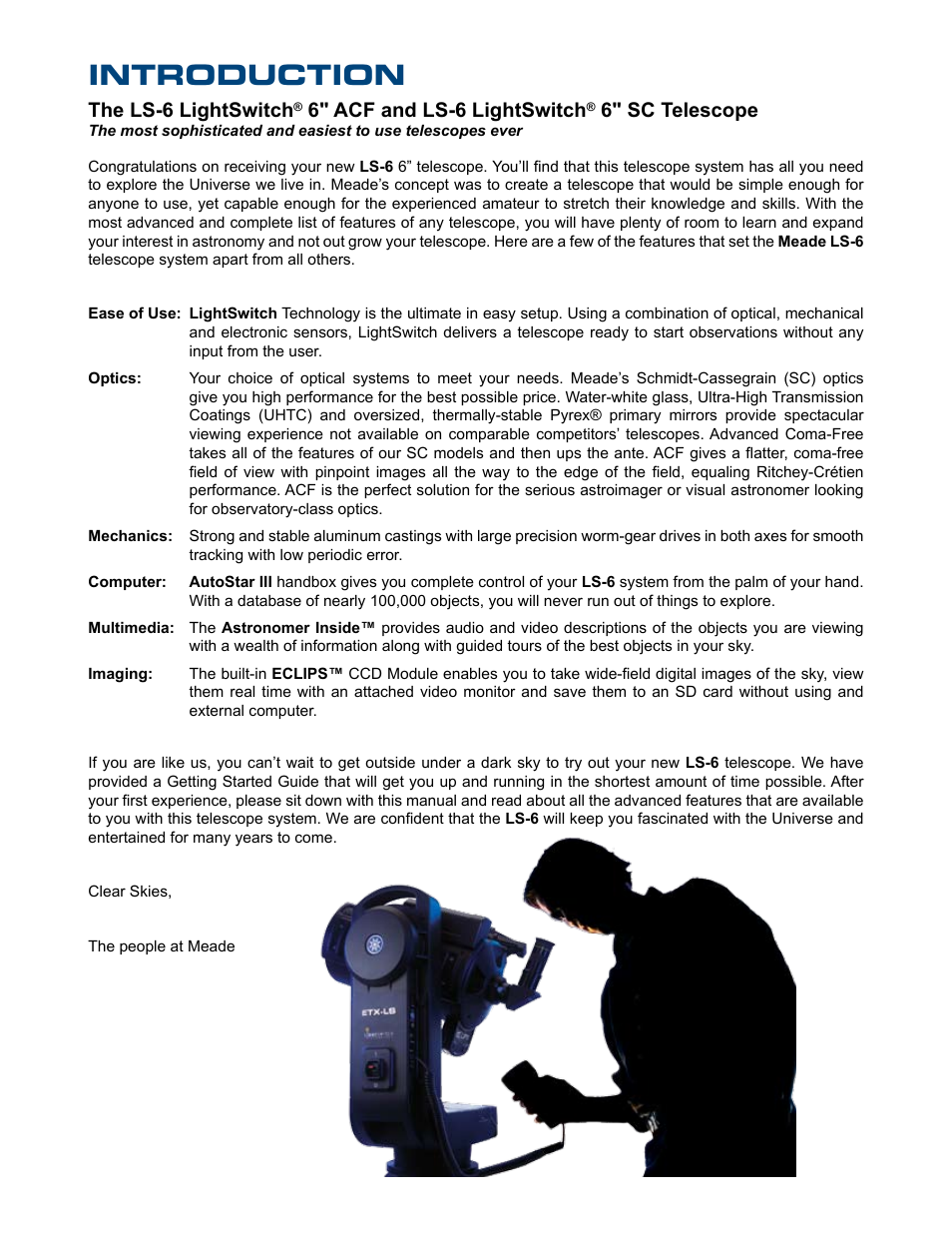 Introduction, The ls-6 lightswitch, 6" acf and ls-6 lightswitch | 6" sc telescope | Meade Instruments 6" LS-6 ACF User Manual | Page 4 / 45