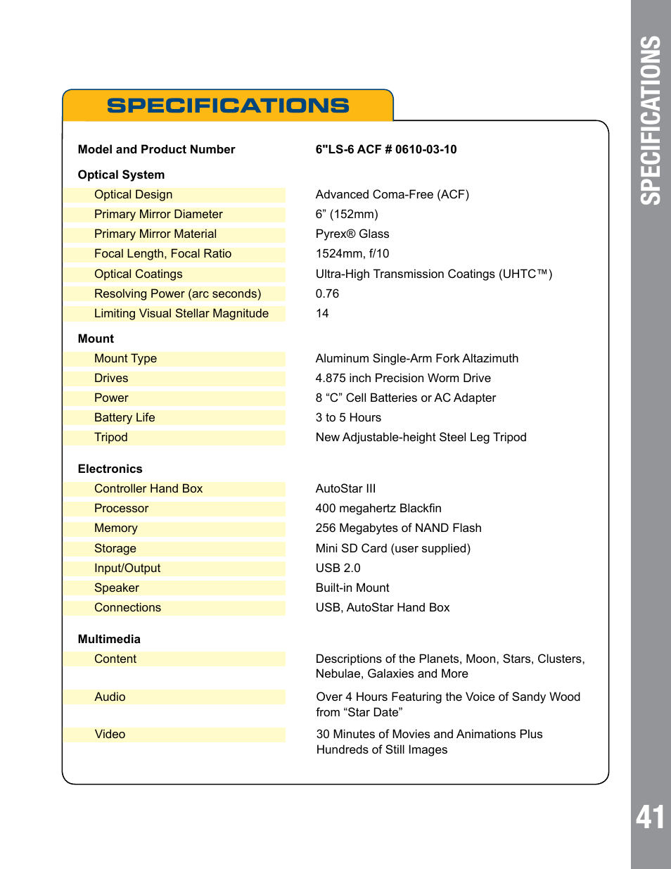 Specifica tions, Specifications | Meade Instruments 6" LS-6 ACF User Manual | Page 41 / 45