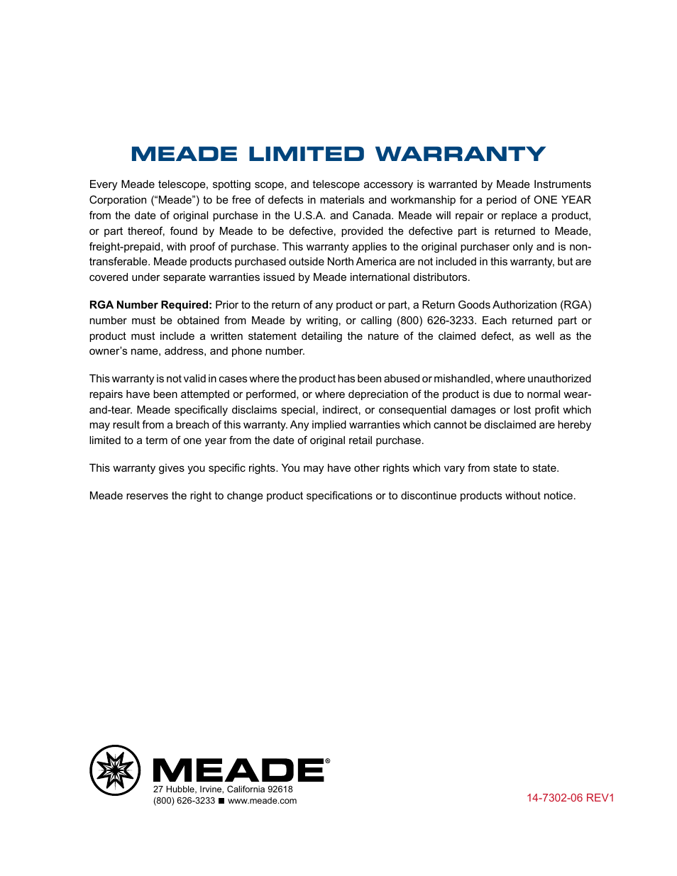 Meade limited warranty | Meade Instruments 6" LS-6 ACF User Manual | Page 45 / 45