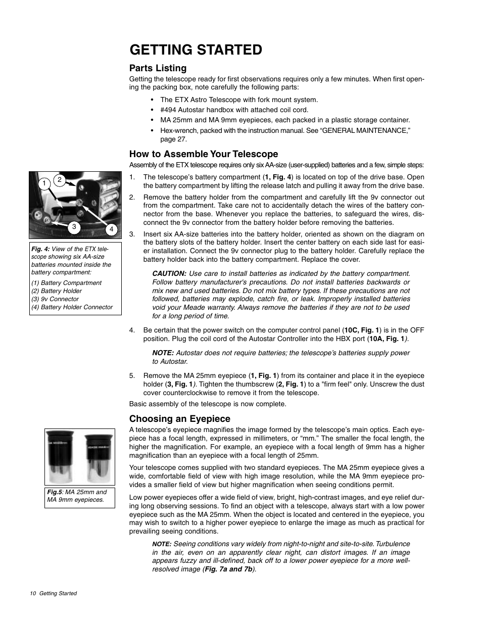 Getting started, Parts listing, How to assemble your telescope | Choosing an eyepiece | Meade Instruments ETX 60AT User Manual | Page 10 / 40