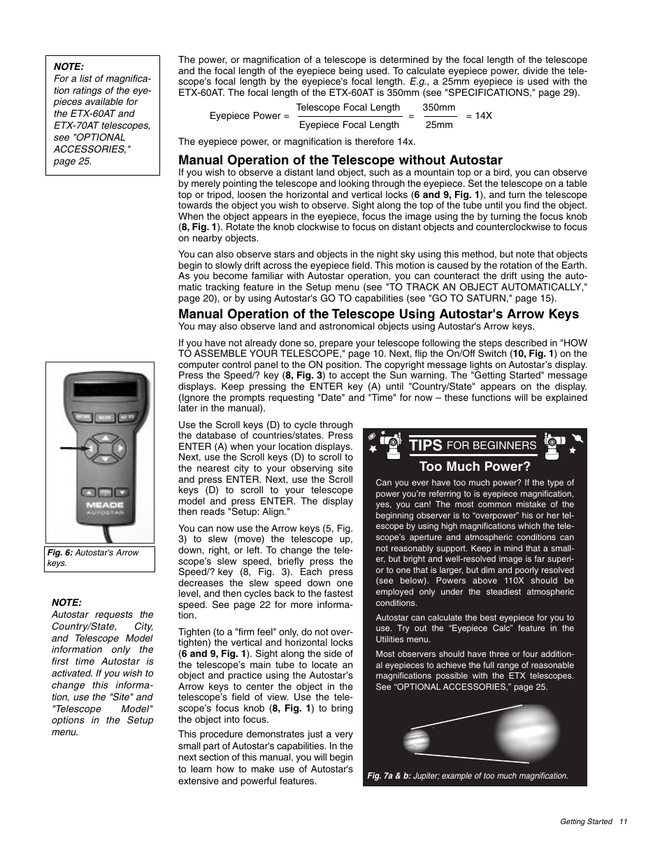 Tips, Manual operation of the telescope without autostar, Too much power | Meade Instruments ETX 60AT User Manual | Page 11 / 40