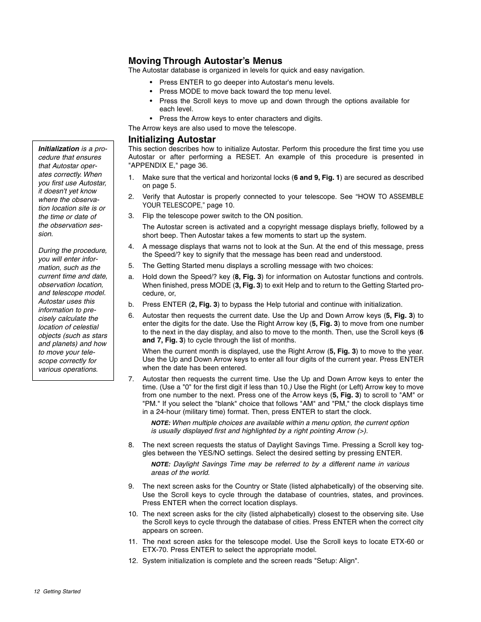 Moving through autostar’s menus, Initializing autostar | Meade Instruments ETX 60AT User Manual | Page 12 / 40
