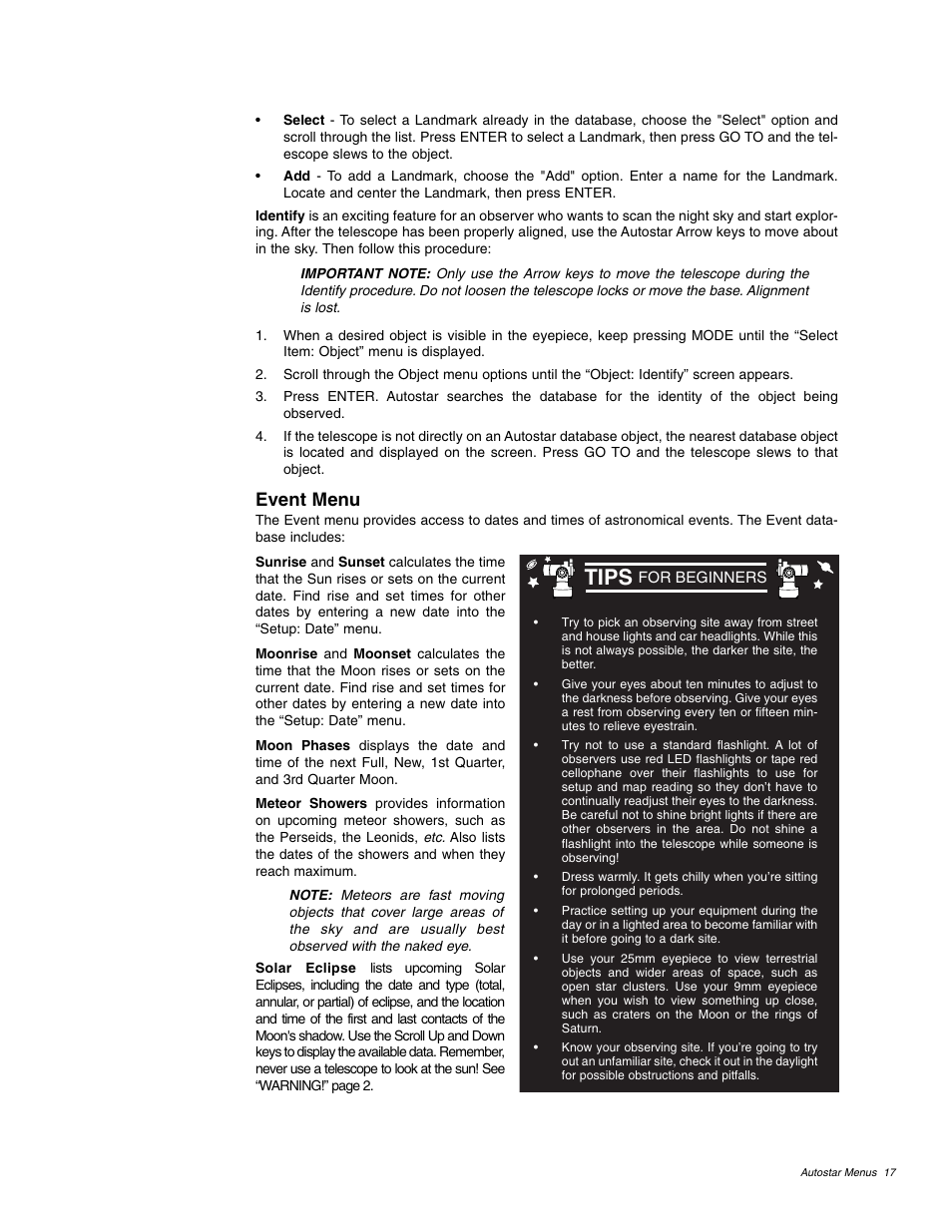 Tips, Event menu | Meade Instruments ETX 60AT User Manual | Page 17 / 40