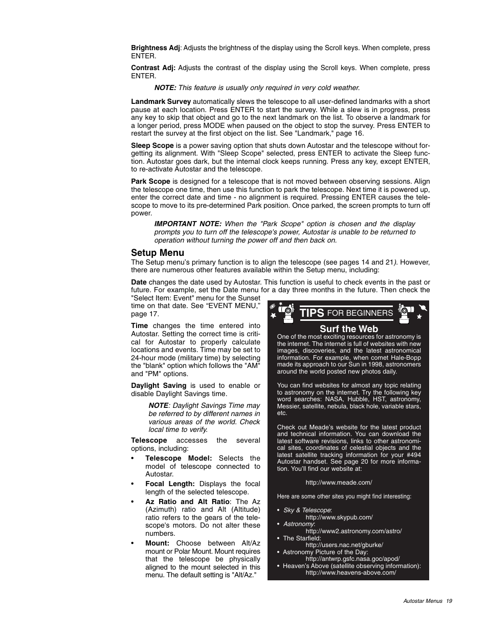 Tips, Setup menu, Surf the web | Meade Instruments ETX 60AT User Manual | Page 19 / 40