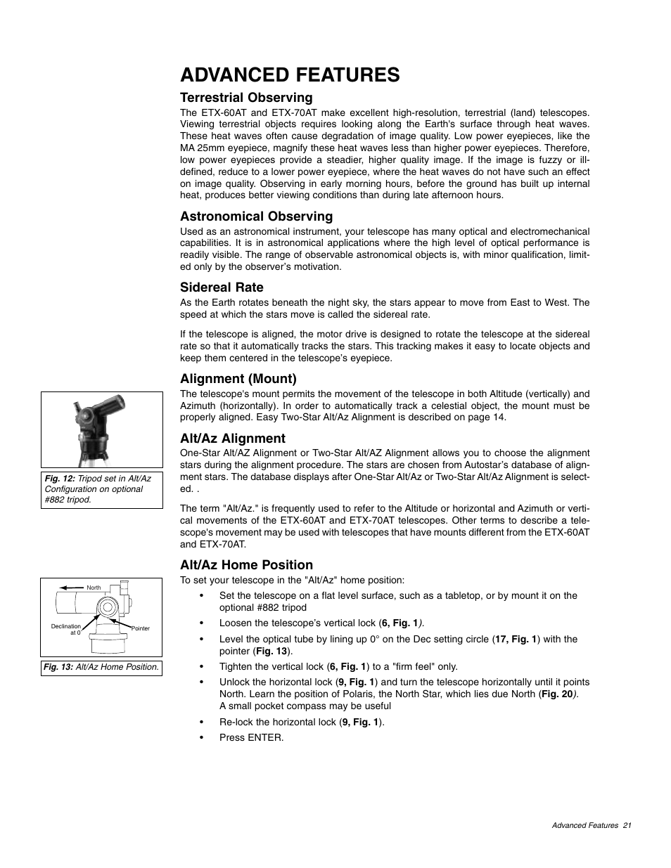 Advanced features, Terrestrial observing, Astronomical observing | Sidereal rate, Alignment (mount), Alt/az alignment, Alt/az home position | Meade Instruments ETX 60AT User Manual | Page 21 / 40