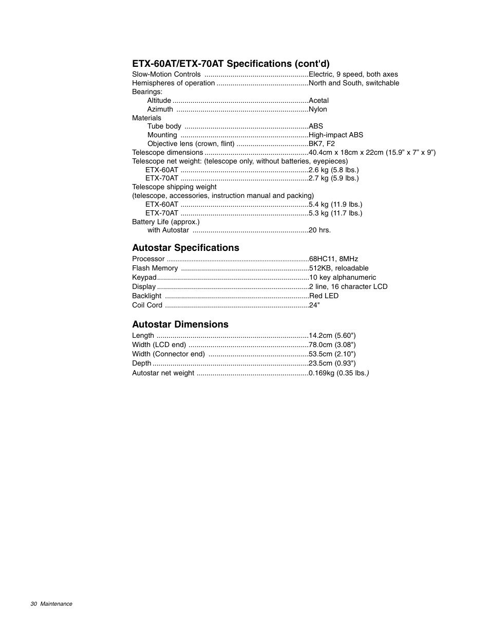 Etx-60at/etx-70at specifications (cont'd), Autostar specifications, Autostar dimensions | Meade Instruments ETX 60AT User Manual | Page 30 / 40
