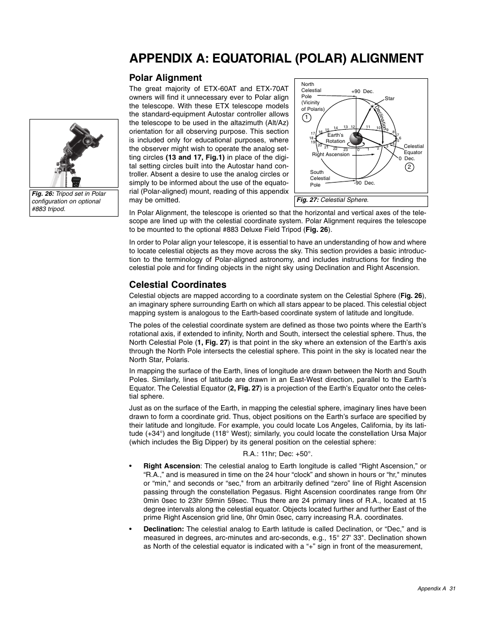 Appendix a: equatorial (polar) alignment, Polar alignment, Celestial coordinates | Meade Instruments ETX 60AT User Manual | Page 31 / 40