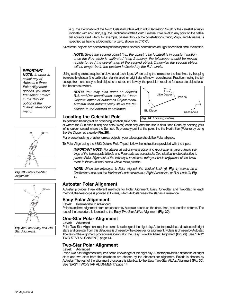 Locating the celestial pole, Autostar polar alignment, Easy polar alignment | One-star polar alignment, Two-star polar alignment | Meade Instruments ETX 60AT User Manual | Page 32 / 40