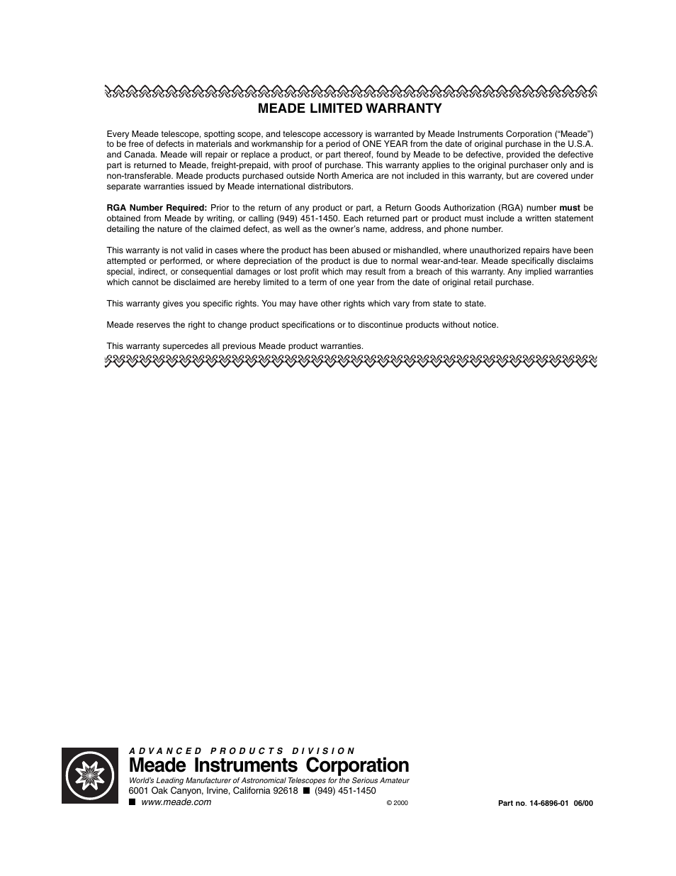 Meade instruments corporation, Meade limited warranty | Meade Instruments ETX 60AT User Manual | Page 40 / 40