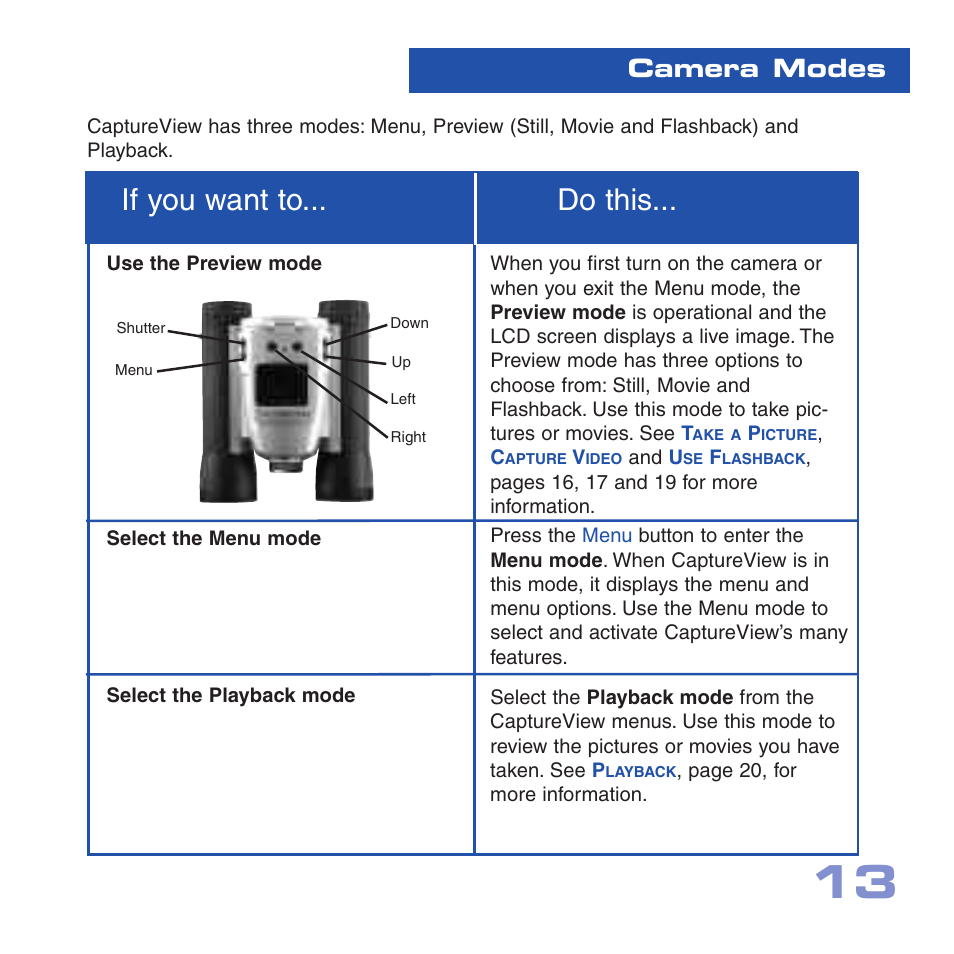 If you want to... do this, Camera modes | Meade Instruments CV-6 User Manual | Page 13 / 36