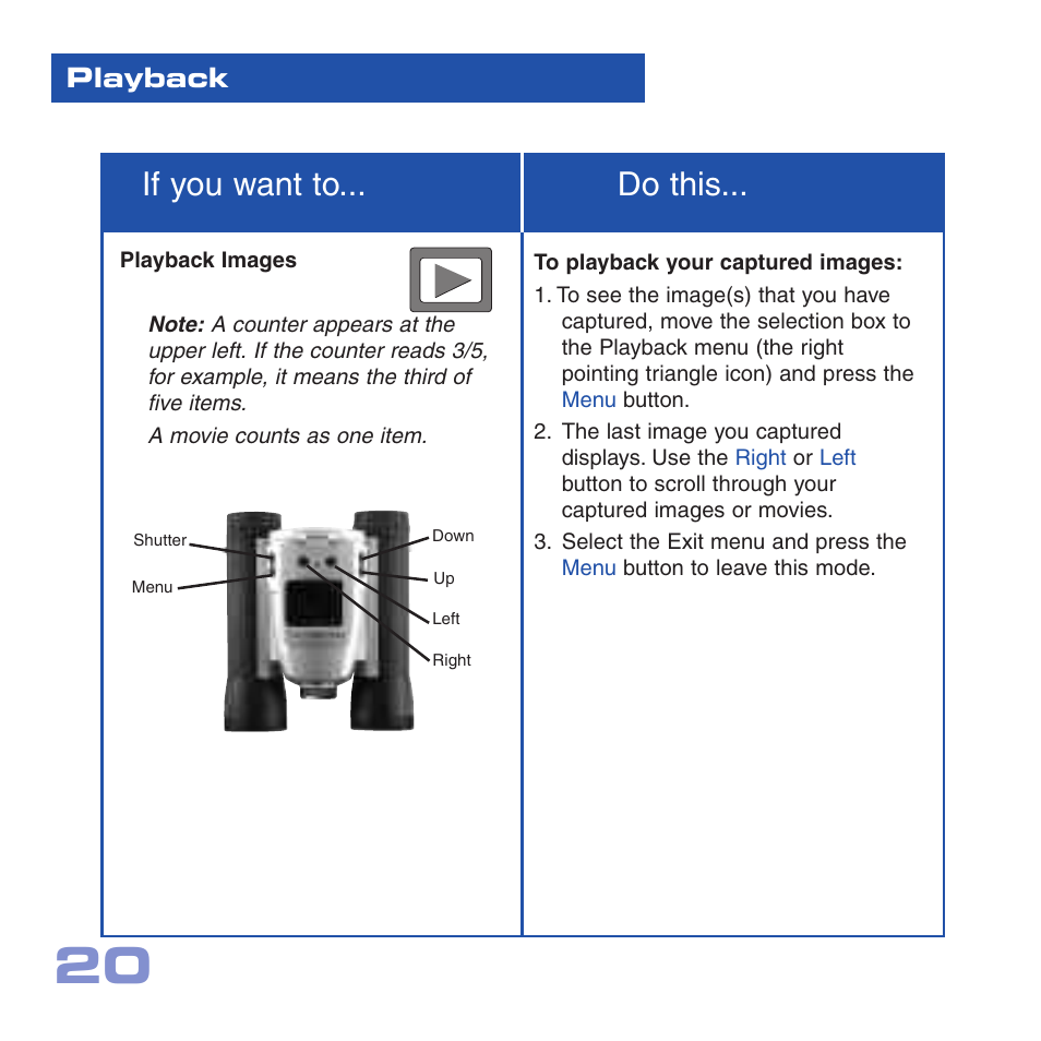 If you want to... do this, Playback | Meade Instruments CV-6 User Manual | Page 20 / 36