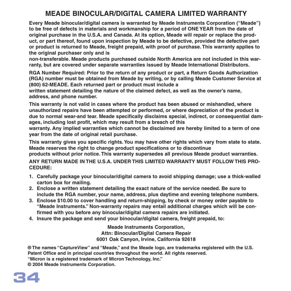 Meade binocular/digital camera limited warranty | Meade Instruments CV-6 User Manual | Page 34 / 36