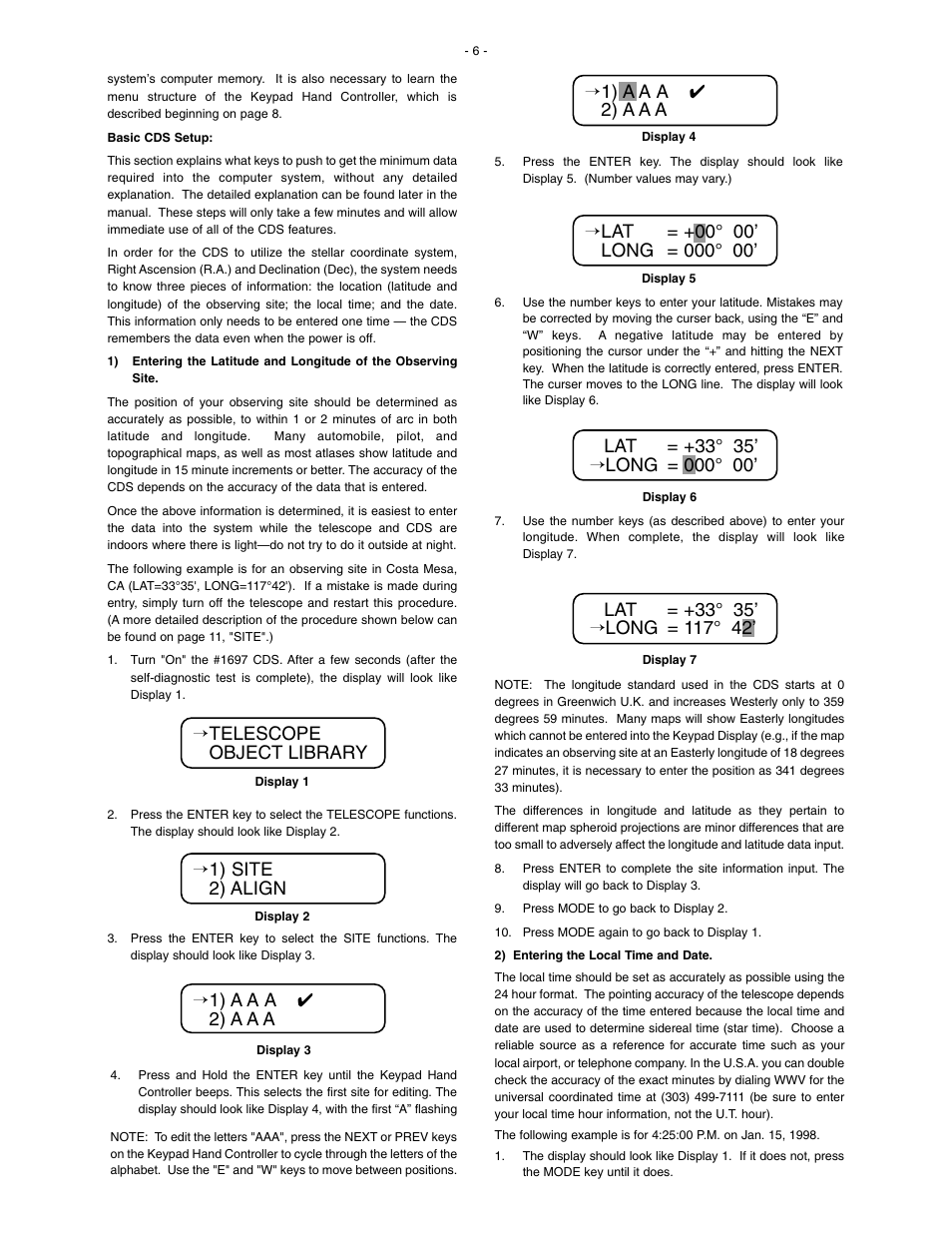Telescope object library → 1) site 2) align | Meade Instruments 1697 Computer Drive System For LXD 650 and LXD 750 Mounts - Part 1 User Manual | Page 6 / 19