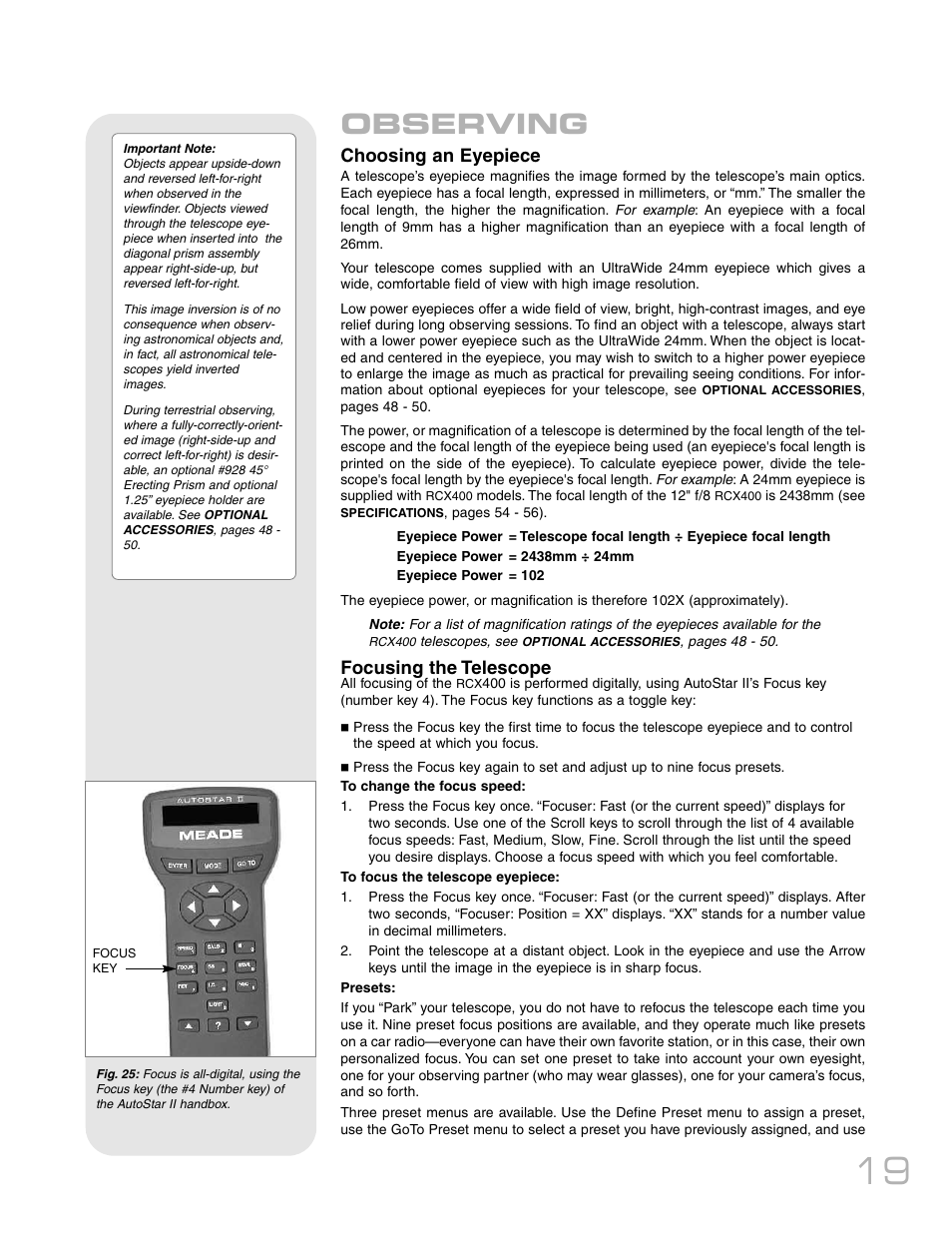 Observing, Choosing an eyepiece, Focusing the telescope | Meade Instruments RCX400 User Manual | Page 19 / 76