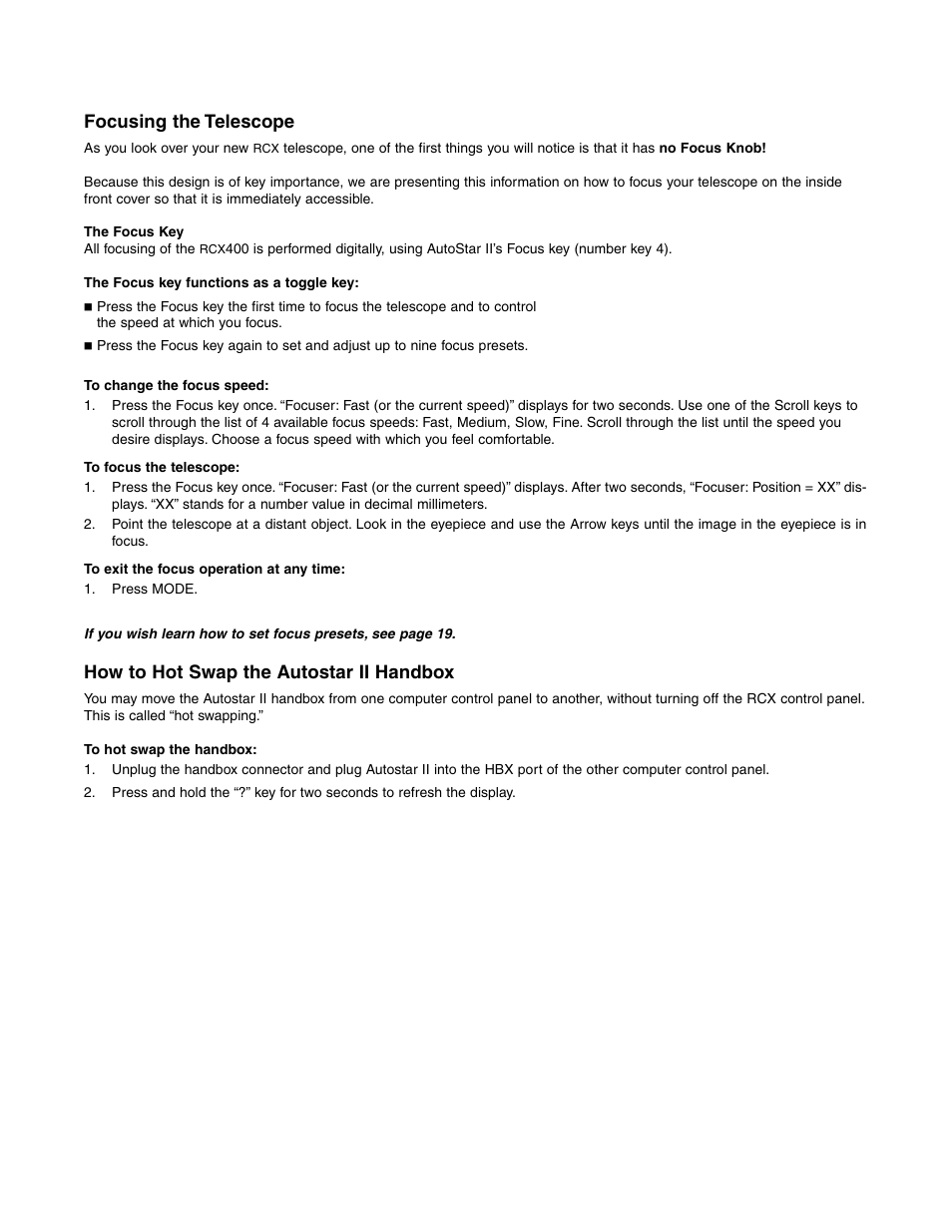 Focusing the telescope, How to hot swap the autostar ii handbox | Meade Instruments RCX400 User Manual | Page 2 / 76