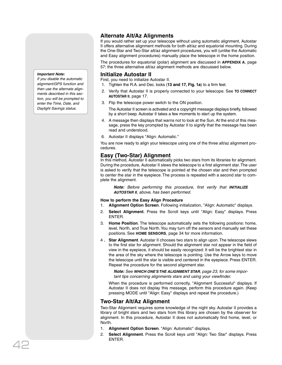 Alternate alt/az alignments, Initialize autostar ii, Easy (two-star) alignment | Two-star alt/az alignment | Meade Instruments RCX400 User Manual | Page 42 / 76