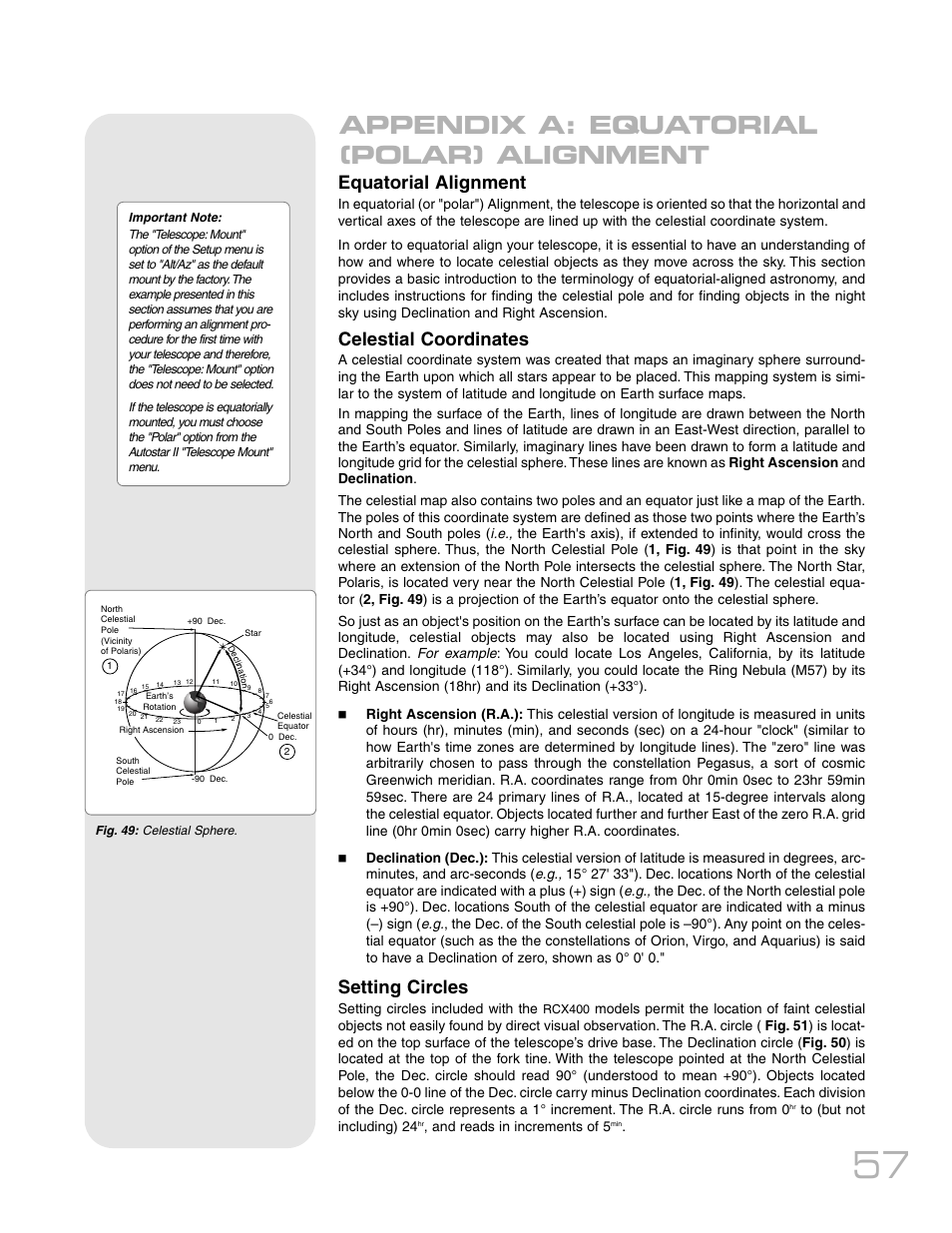 Appendix a: equatorial (polar) alignment, Equatorial alignment, Celestial coordinates | Setting circles | Meade Instruments RCX400 User Manual | Page 57 / 76