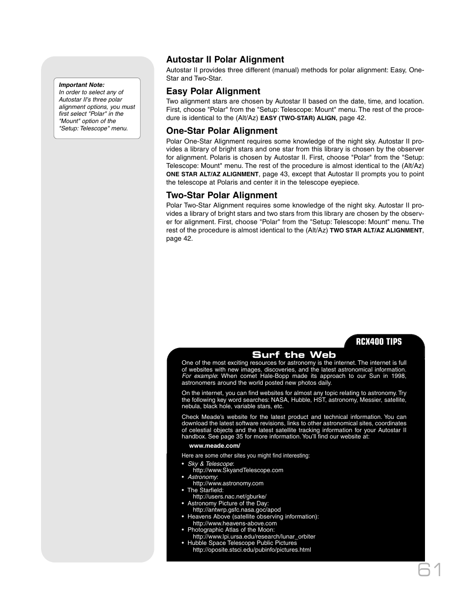 Autostar ii polar alignment, Easy polar alignment, One-star polar alignment | Two-star polar alignment, Surf the web, Rcx400 tips | Meade Instruments RCX400 User Manual | Page 61 / 76