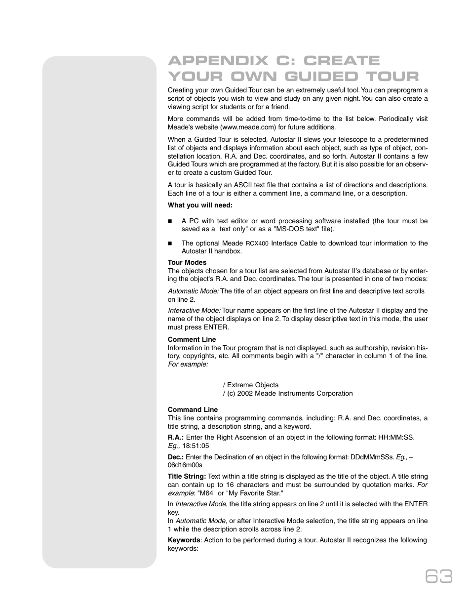 Appendix c: create your own guided tour | Meade Instruments RCX400 User Manual | Page 63 / 76