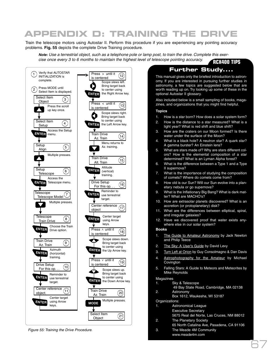 Appendix d: training the drive, Further study, Rcx400 tips | Meade Instruments RCX400 User Manual | Page 67 / 76