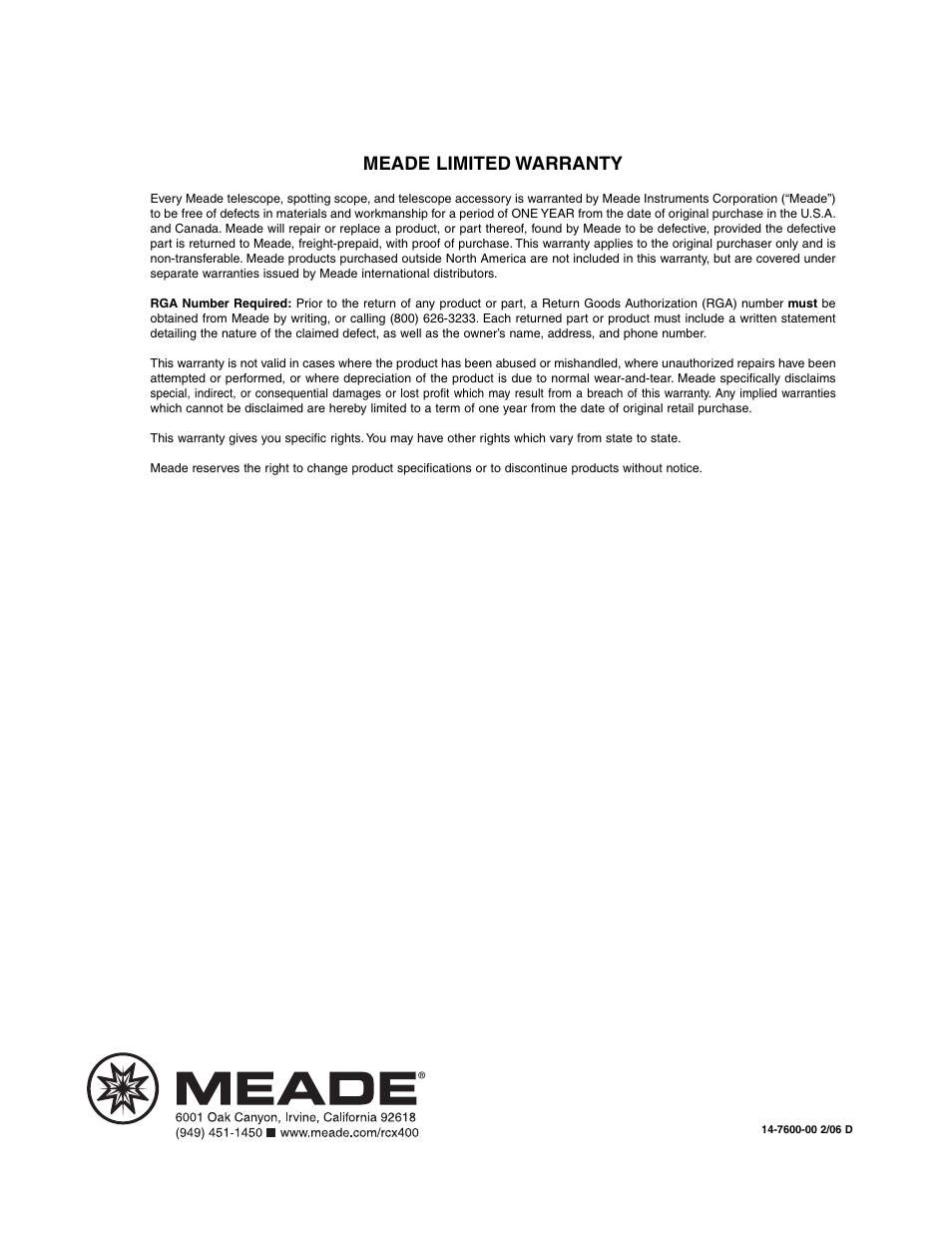 Meade limited warranty | Meade Instruments RCX400 User Manual | Page 76 / 76